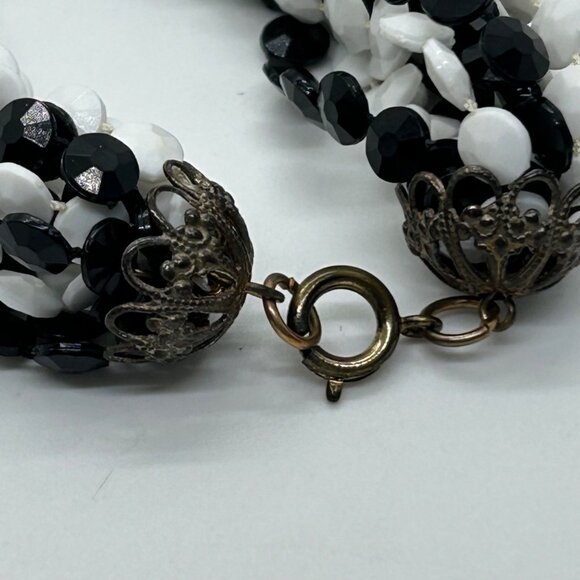Vintage Multi-Strand Black White Necklace 1970s Acrylic Bead Torsade Statement - Picture 9 of 16